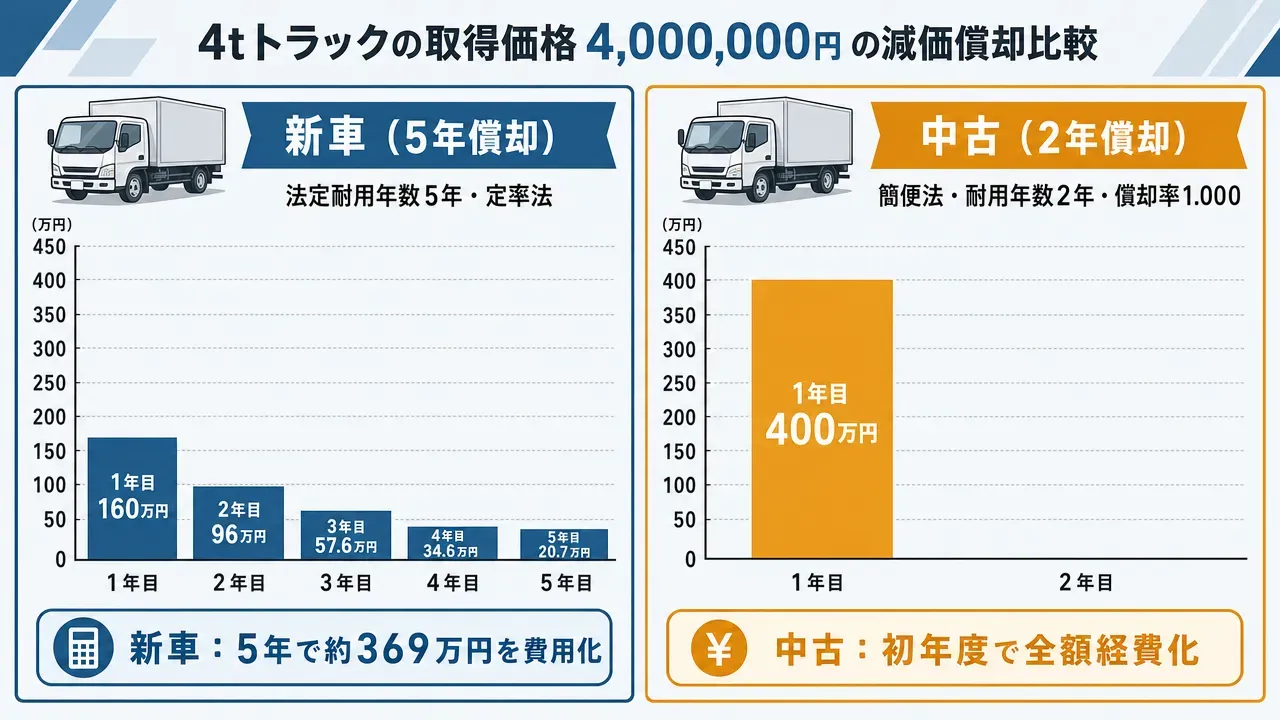 中古4tトラックの簡便法による耐用年数短縮のフロー図。経過年数1年→4年、2年→3年、3年以上→2年と、経過年数が増えるほど耐用年数が短くなる(最短2年)ことが一目でわかる。