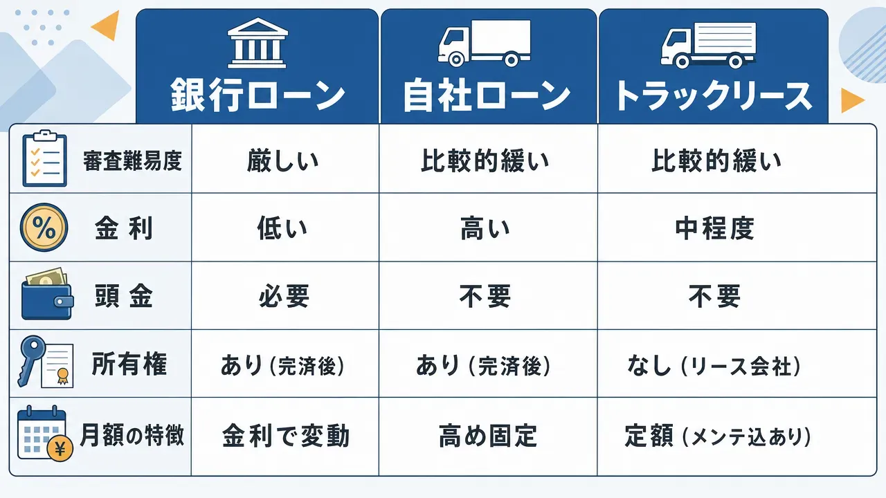 トラックローン審査落ちからの全体フロー図。審査落ち→原因診断(事業者信用・個人信用・申込条件)→対処法5つ→再チャレンジ→通過(購入)または不通過(自社ローン・リース・政策金融公庫)の俯瞰マップ。