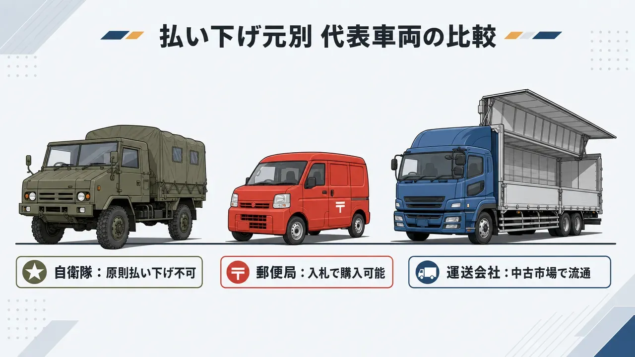 自衛隊の使用済み車両処分の流れを示す3ステップ図。駐屯地で標識・銘板を除去 → 解体業者へスクラップとして引き渡し → 破砕・リサイクル処分され車両としての再利用は不可。