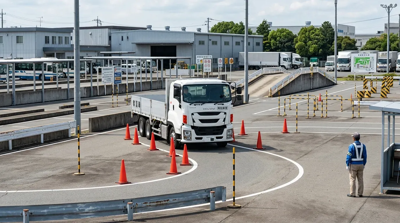 指定自動車教習所の屋外コースで、白い大型教習トラックがS字カーブを走行する練習風景。指導員が離れた位置から見守り、坂道やパイロンなどの教習設備が自然光の下に見える。