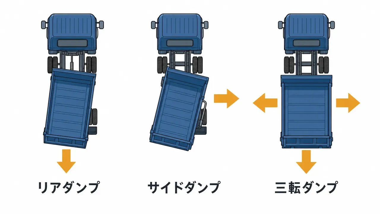 リアダンプ(後方排出)、サイドダンプ(側方排出)、三転ダンプ(三方排出)の3種類の排出方向を俯瞰で比較した説明イラスト