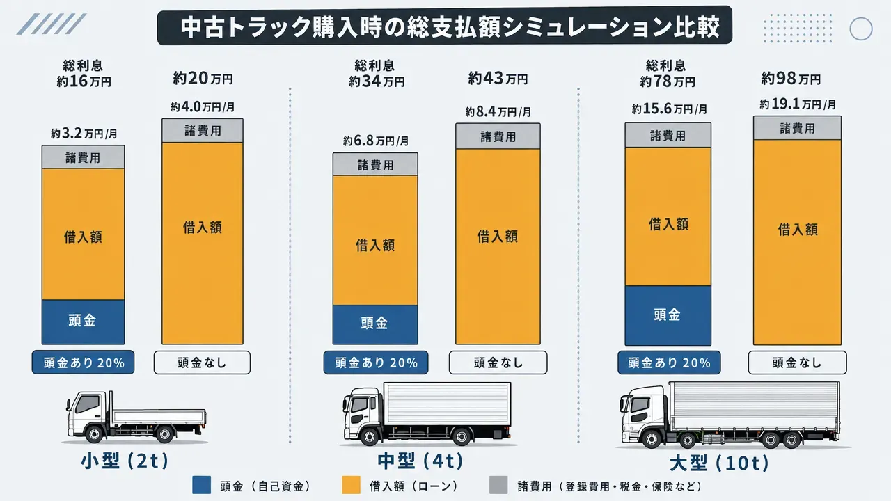 中古トラック購入時の諸費用の内訳を示す図解。上段に法定費用(自動車税、重量税、自賠責保険料、リサイクル料金、環境性能割、車庫証明費用、ナンバープレート代)を国・都道府県・強制保険のグループに分けて表示。下段に代行費用(登録代行費用、納車・陸送費用、車庫証明手続き代行)を表示。上下段の合計が諸費用総額となる構造。