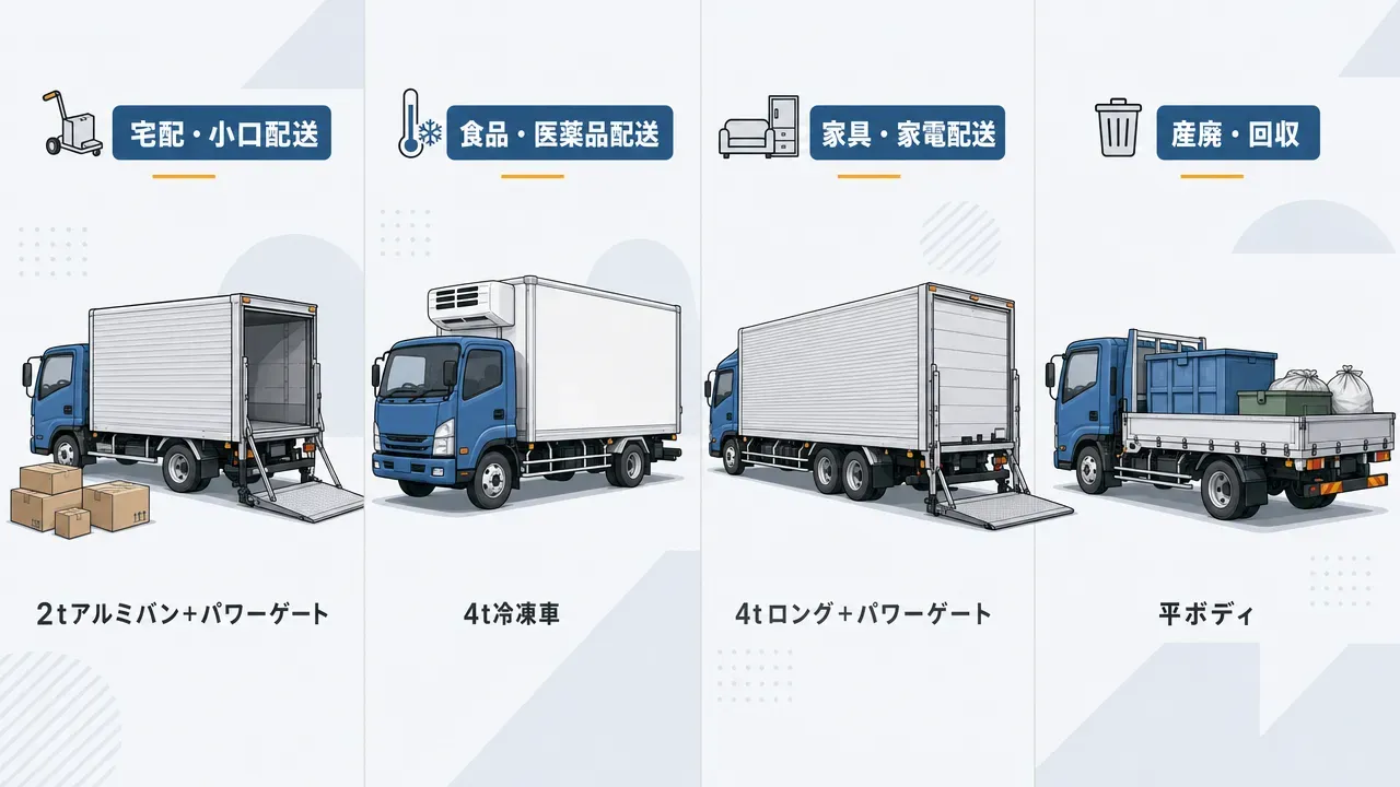 配送業の現場別おすすめ車両:宅配は2tアルミバン+パワーゲート、食品配送は4t冷凍車、家具配送は4tロング+パワーゲート、産廃回収は平ボディの4パターン