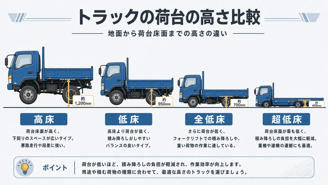 平ボディの床高別比較図(高床・低床・全低床・超低床)