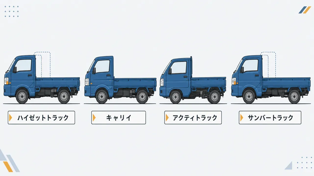 中古軽トラ選びの3つの判断軸（4WD要否→AT要否→ジャンボ要否）を左から右へ分岐させる決定フローチャート。最終的に4つの推奨パターン（4WD+AT+ジャンボ、4WD+MT+標準、2WD+AT、2WD+MT+標準）に到達する。