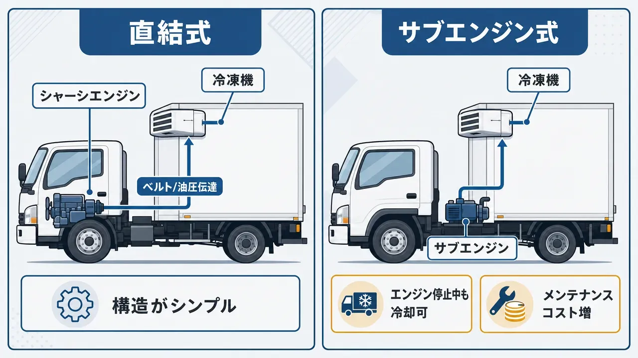 冷凍車の直結式とサブエンジン式の冷凍方式を比較する構造図解