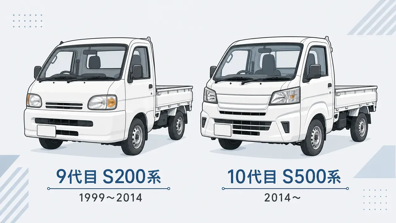 ハイゼットトラックの9代目(S200系、1999~2014年)と10代目(S500系、2014年~)の外観比較。左が丸みを帯びたヘッドライトの9代目、右がシャープなフロントフェイスの10代目