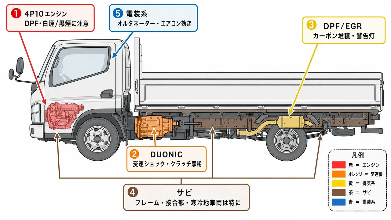 キャンターの年代別比較早見表。7代目・8代目・現行型の狙い目度(星評価)・注意点・価格帯・主な装備を一覧比較。8代目が最もバランスの良い選択肢として強調表示。
