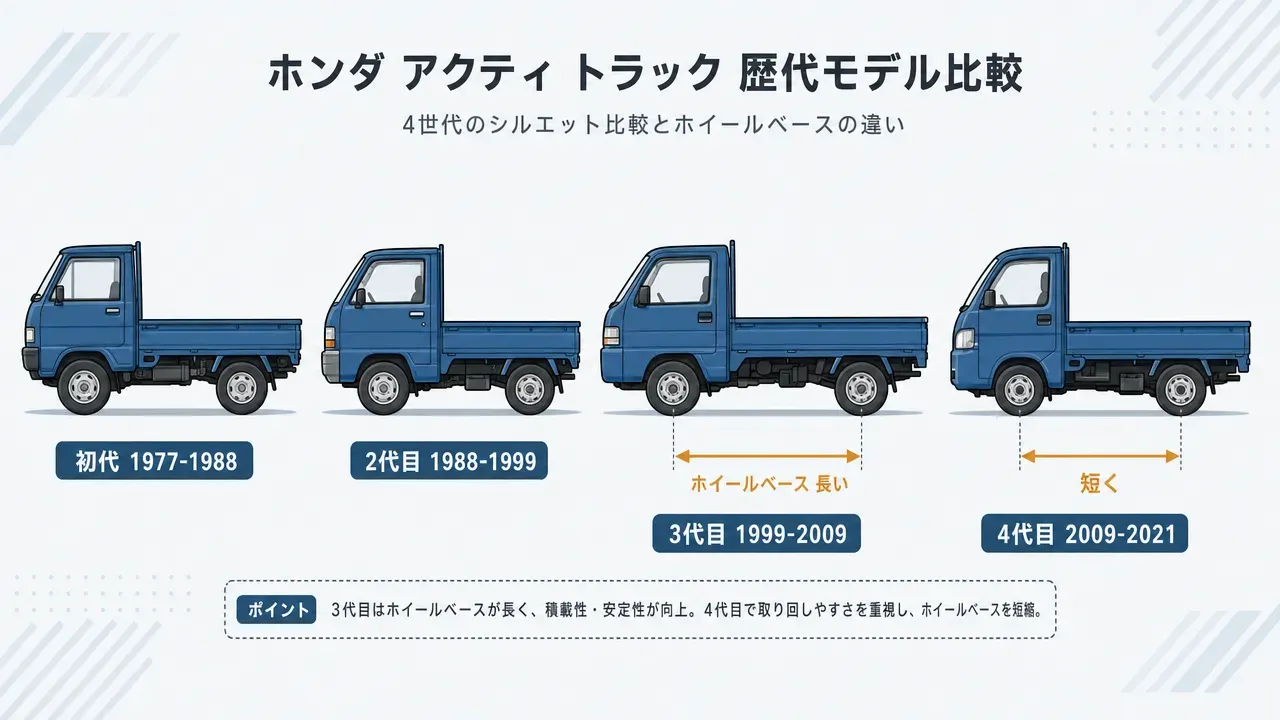 ホンダ・アクティトラックの歴代4世代の側面シルエット比較図。左から初代(1977-1988)、2代目(1988-1999)、3代目(1999-2009)、4代目(2009-2021)。3代目と4代目のホイールベースの違いを矢印で表示。