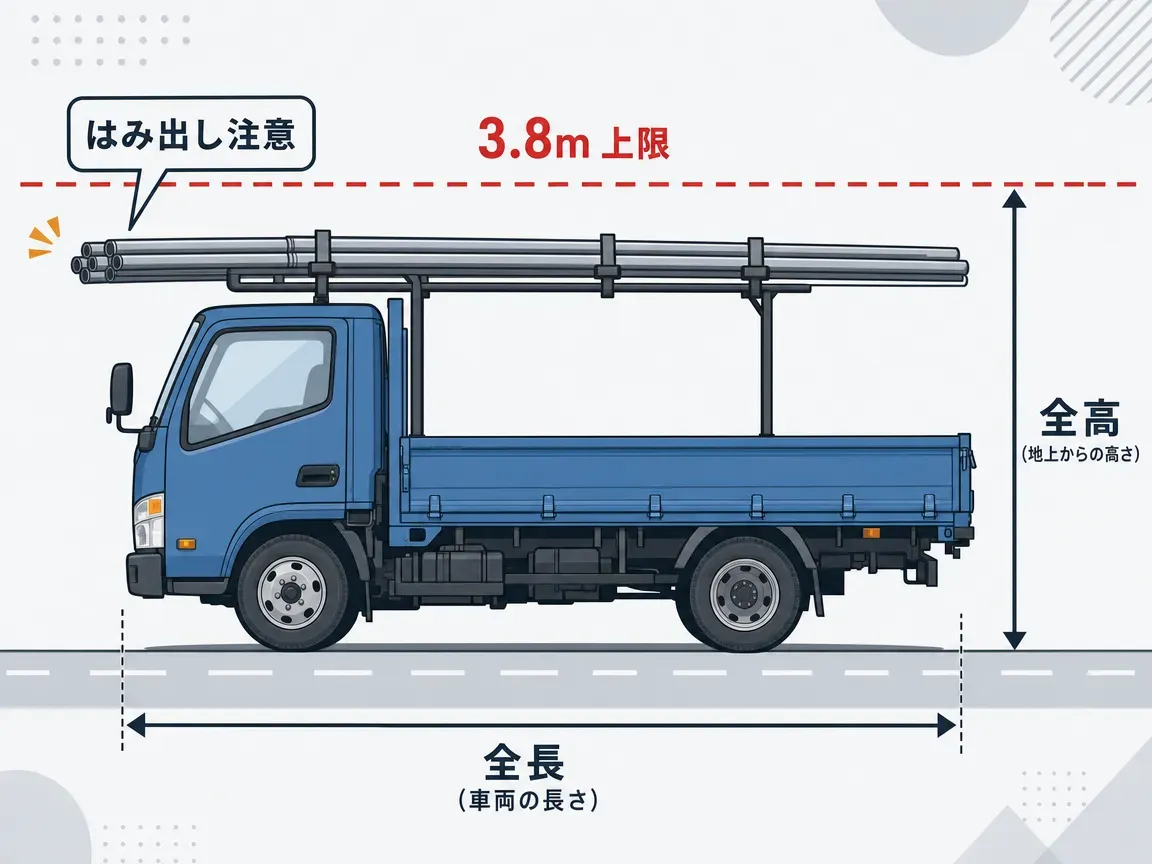 トラックにルーフキャリアと長尺パイプを積載した際の全高3.8m制限と積載物のはみ出し規制を示す概念図。高さ制限線と寸法矢印で安全基準を図解