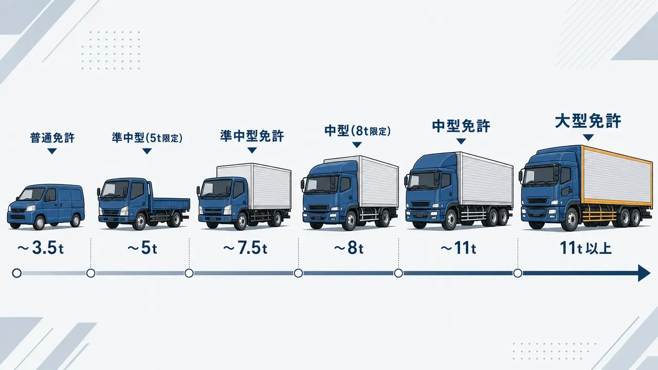 普通免許から大型免許まで、トラックのサイズが段階的に大きくなる様子と対応する免許区分を示した比較図。左から右へ、小型バン(普通免許)→小型トラック(準中型5t限定)→中型トラック(準中型)→大型トラック(中型8t限定)→さらに大型(中型)→最大級(大型)。