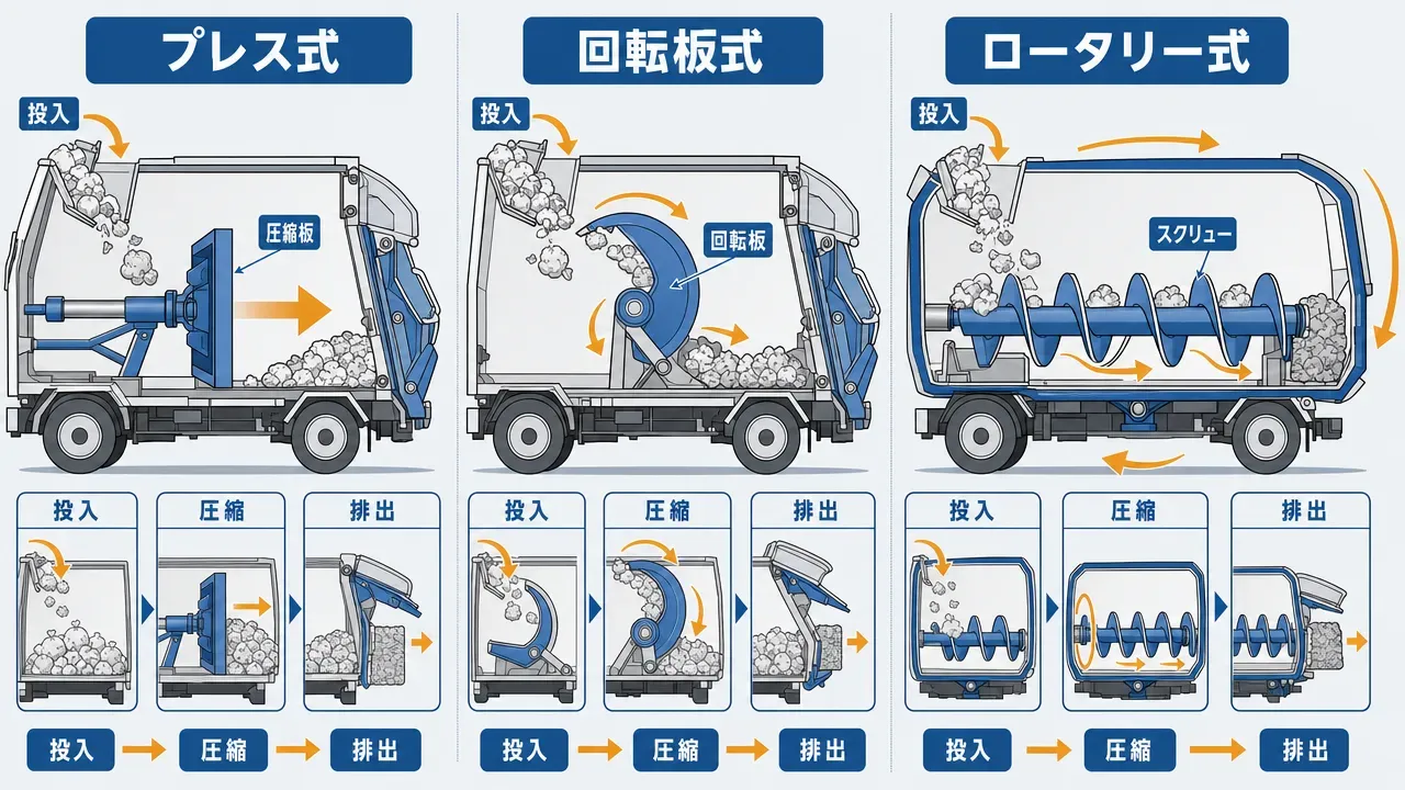 塵芥車の3方式比較図。左からプレス式(圧縮板式)、回転板式(巻込み式)、ロータリー式(荷箱回転式)の投入・圧縮・排出の動作イメージ。
