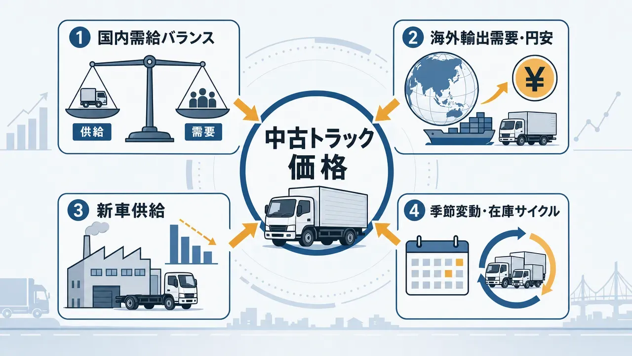 中古トラック価格に影響する4つのメカニズム(国内需給バランス、海外輸出需要・円安、新車供給、季節変動・在庫サイクル)を示す図解