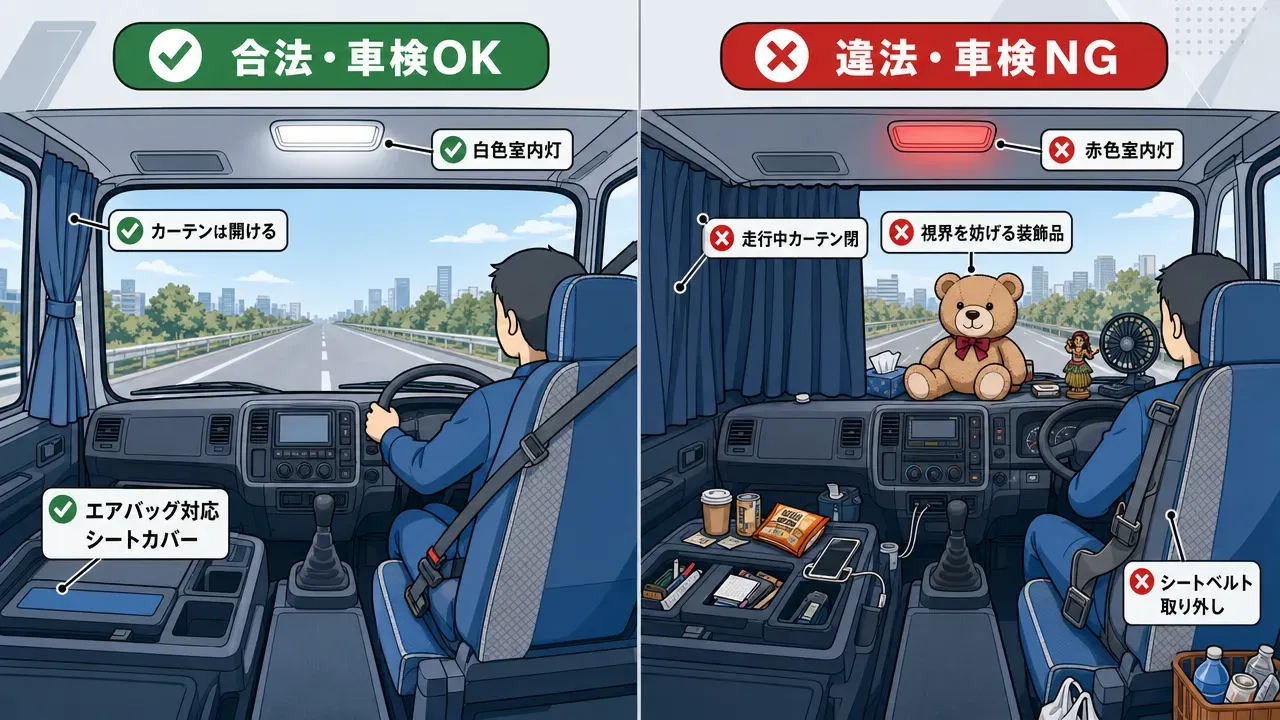 トラックキャビンの断面図イラスト。ハンドルカバー(1,500〜8,000円)、シフトノブ(1,000〜10,000円)、シートカバー(8,000〜50,000円)、フロアマット(3,000〜30,000円)、インテリアパネル(5,000〜30,000円)、天井パネル(20,000〜80,000円)、遮光カーテン(5,000〜20,000円)、ベッドマット(10,000〜50,000円)、コンソール(5,000〜30,000円)、LED照明(1,000〜8,000円)の各パーツ位置と費用帯を吹き出しで表示。