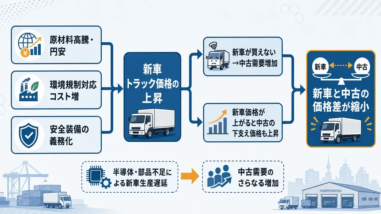 新車トラックの価格上昇が中古トラック価格に波及する連鎖図。原材料高騰・円安、環境規制対応コスト増、安全装備義務化が新車価格を押し上げ、新車供給不足による中古需要増と新車価格上昇による中古下支え価格上昇の2経路で新車と中古の価格差が縮小する流れを示す