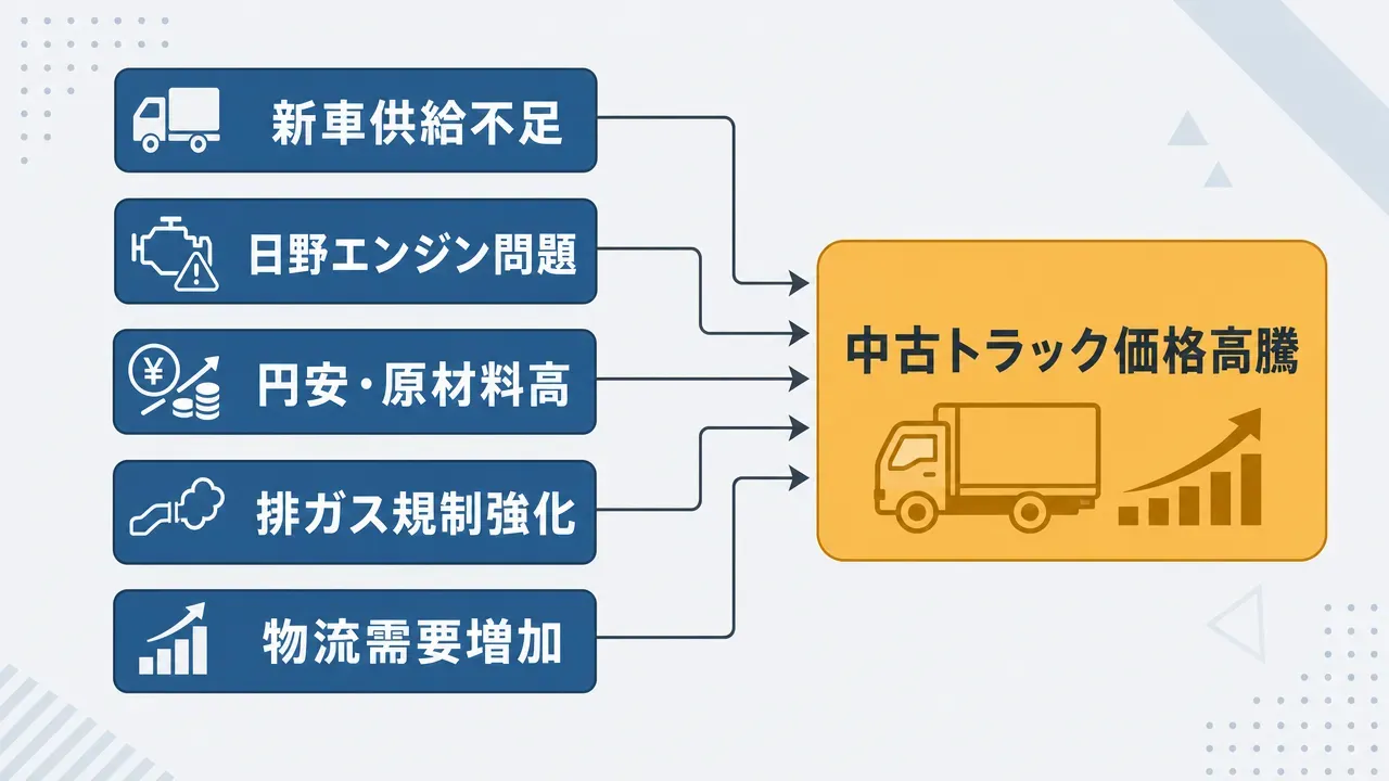 中古トラック価格高騰の因果図。新車供給不足、日野エンジン問題、円安・原材料高、排ガス規制強化、物流需要増加の5要因が矢印で「中古トラック価格高騰」に繋がる構造を示す。