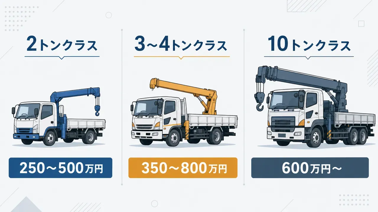 小型2t・中型3〜4t・大型10tクラスのクレーン付き中古トラックの価格帯を比較したインフォグラフィック