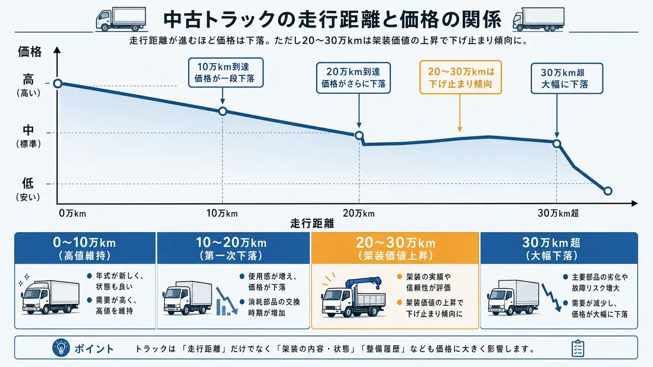 中古トラック購入時に走行距離より重要な3つの指標(メンテナンス履歴、架装の状態、市場需給)を示す階層図。