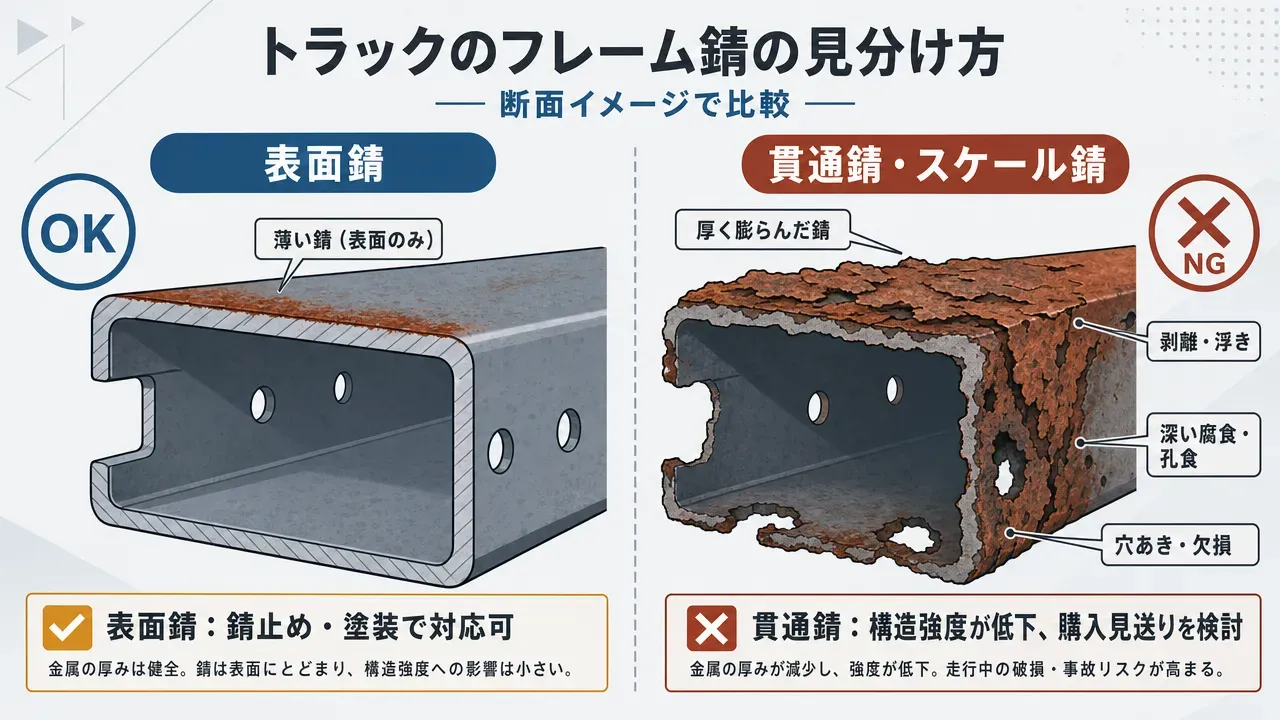 中古トラックのフレーム錆の断面比較図。左が表面錆(金属厚みに影響なし・対応可)、右が貫通錆(金属内部進行・構造強度低下で購入見送り基準)を示す図解。