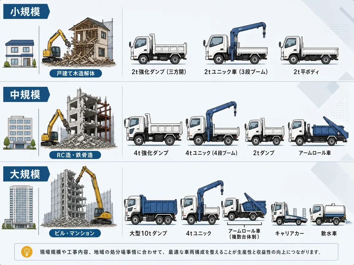 解体業の規模別おすすめトラック構成の図解。上段:小規模(戸建て木造)に2t強化ダンプ+2tユニック+2t平ボディ。中段:中規模(RC造・鉄骨造)に4t強化ダンプ+4tユニック+2tダンプ+アームロール車。下段:大規模(ビル・マンション)に10tダンプ+4tユニック+アームロール車+キャリアカー+散水車。