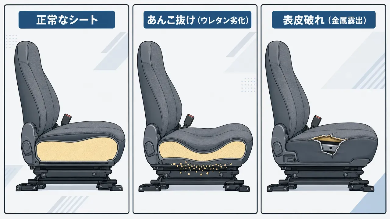 トラック運転席シートの劣化状態比較。左から「正常なシート」「あんこ抜け(ウレタン劣化により座面が凹み黄色い粉が散る)」「表皮破れ(布地が裂けて金属フレームが露出)」の3状態を側面断面で対比した説明イラスト