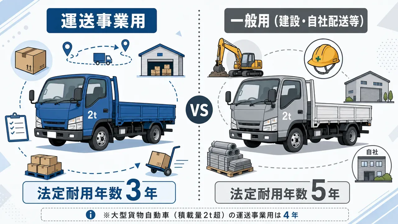 中古2tトラックの簡便法による耐用年数計算フローチャート。法定耐用年数の経過有無で分岐し、計算式から最短2年まで導く手順を図示。