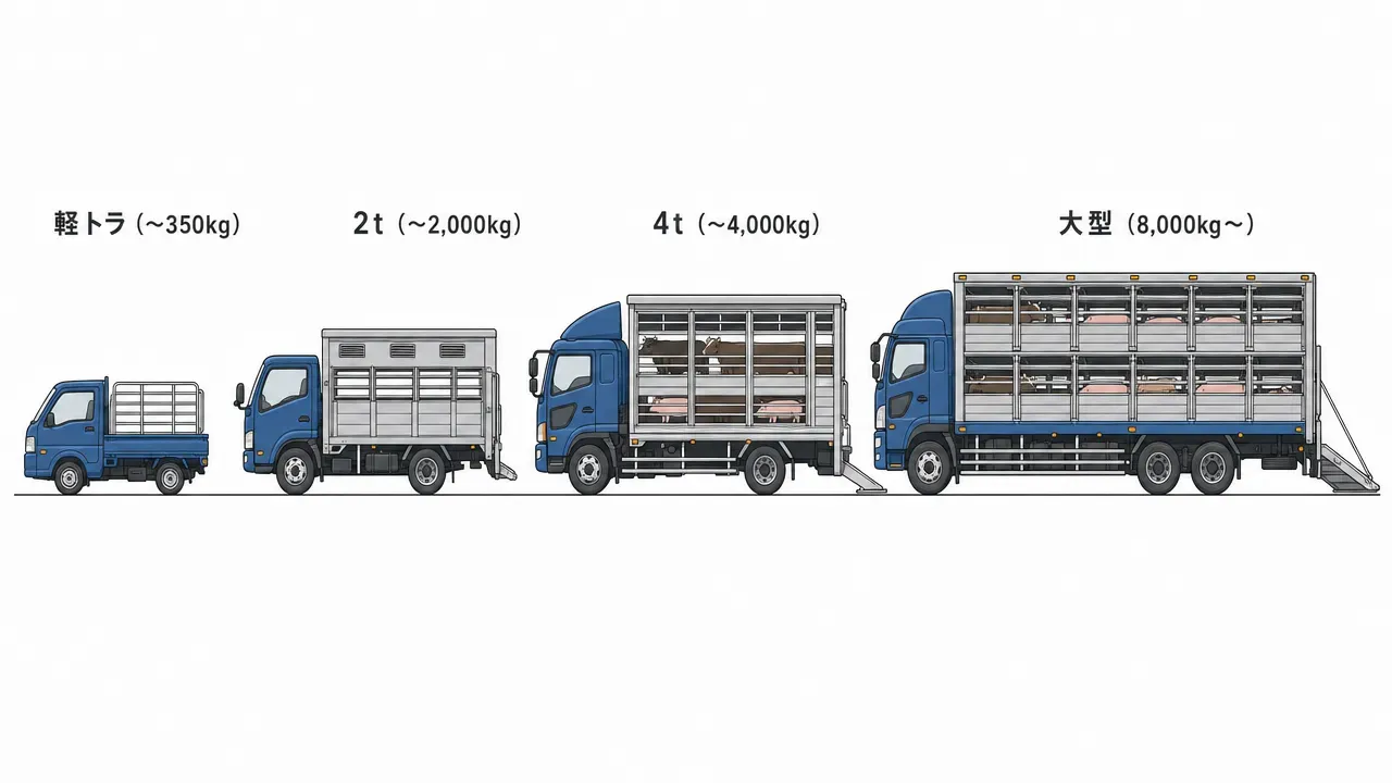 軽トラック・2tトラック・4tトラック・大型10tトラックの4サイズの家畜運搬車を同一縮尺で横並びに比較した図。サイズ差が一目でわかる。