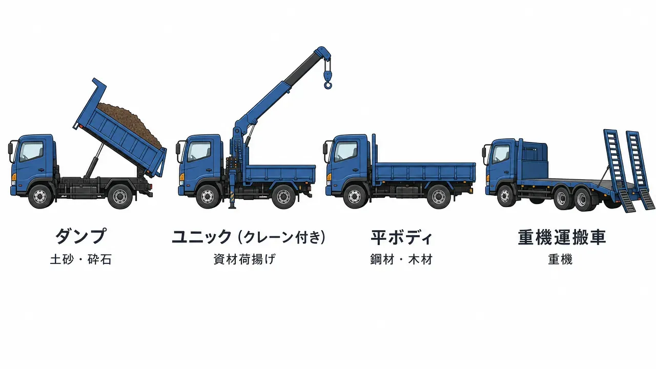 建設業向けトラックのサイズ比較と運転免許の対応。左から2tクラス小型(準中型免許)、4tクラス中型(中型免許)、10tクラス大型(大型免許)の3台を相対サイズで比較