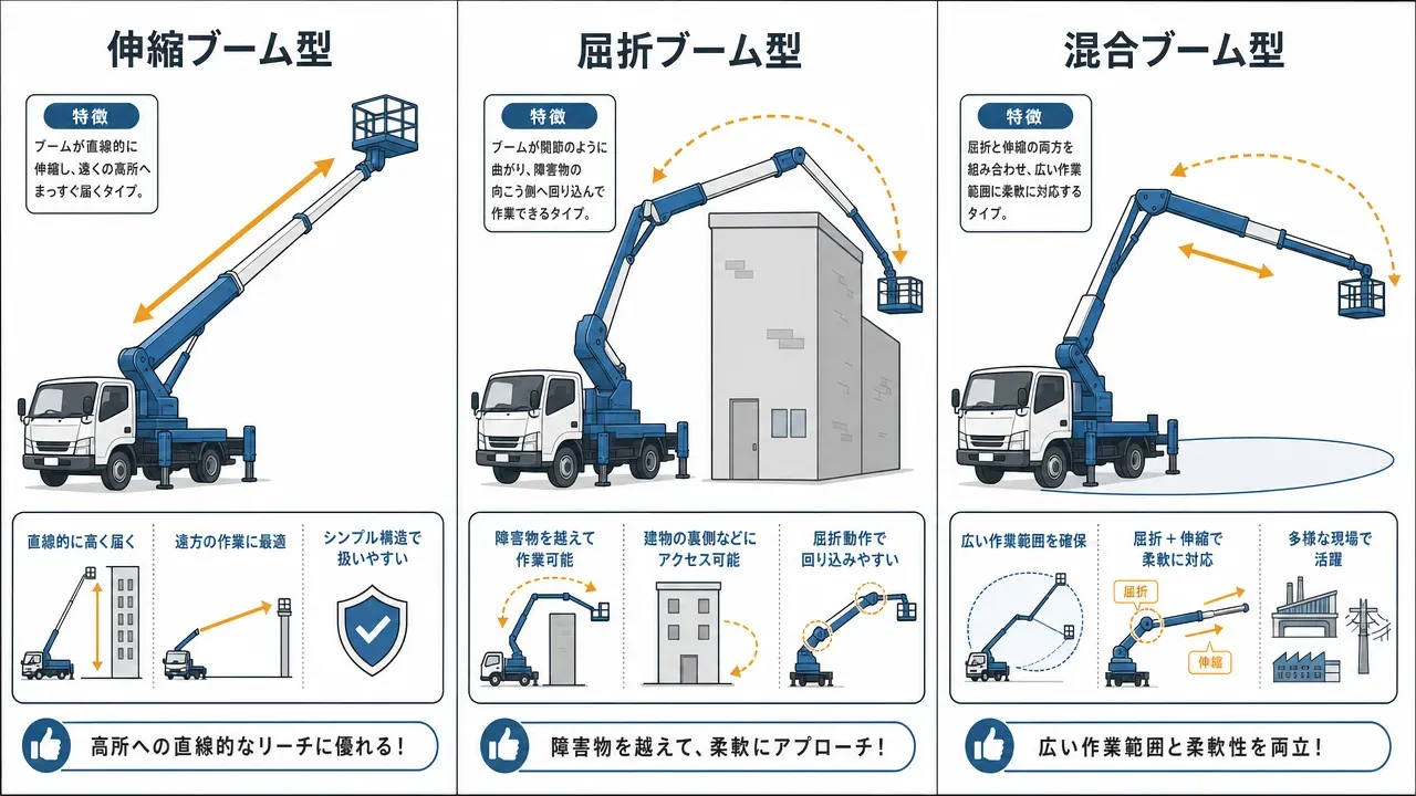 トラック式高所作業車の基本構造図。走行装置(トラックシャシ)、昇降装置(ブーム)、作業床(バスケット)、アウトリガーの4要素を矢印で指し示した図解。