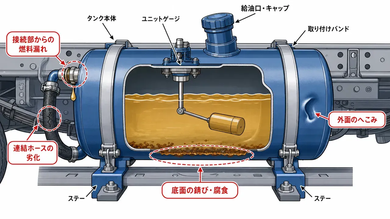 トラック燃料タンクの断面図解。タンク本体・ユニットゲージ・給油口・取り付けバンド・ステーの各部位を示し、底面の錆び・外面のへこみ・接続部からの燃料漏れ・ホース劣化の4つの劣化箇所を赤色で強調。