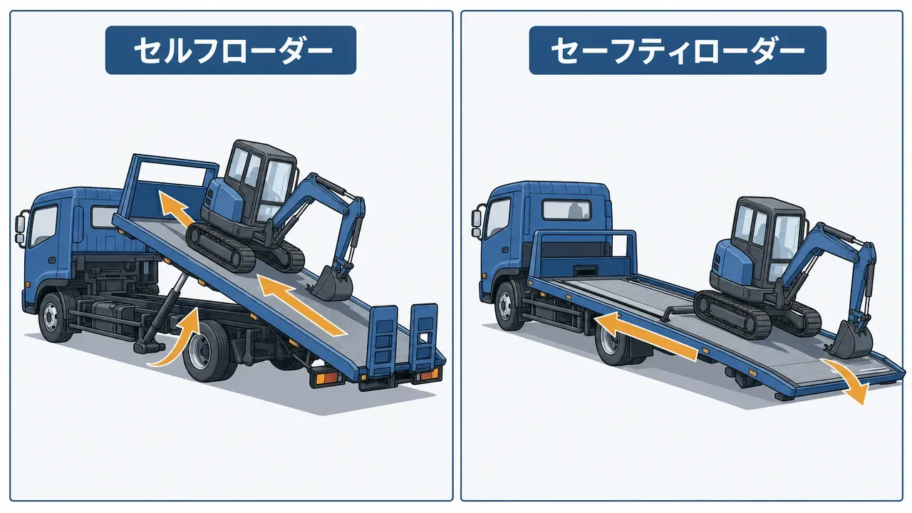 セルフローダーの主要構造(ハイジャッキ・道板・ウインチ)を示す図解