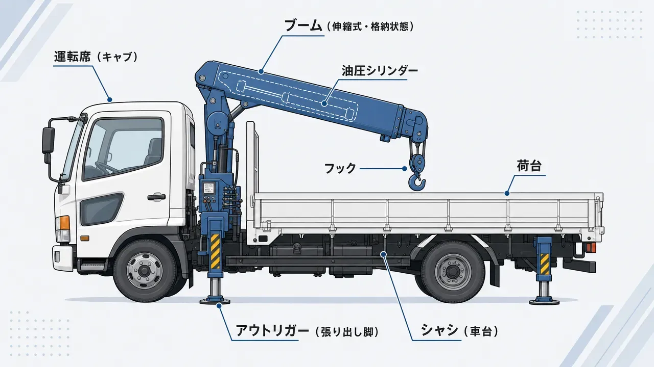 ユニック車の側面構造図。運転席(キャブ)、シャシ(車台)、ブーム(伸縮式)、油圧シリンダー、アウトリガー(張り出し脚)、フック、荷台の位置関係を示す