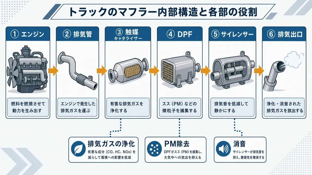 トラックのマフラー内部構造を示す左から右へのフロー図。エンジン→排気管→触媒(キャタライザー)→DPF→サイレンサー→排気出口の6段階。消音・排気ガス浄化・PM除去の3つの役割が該当部品に紐づく