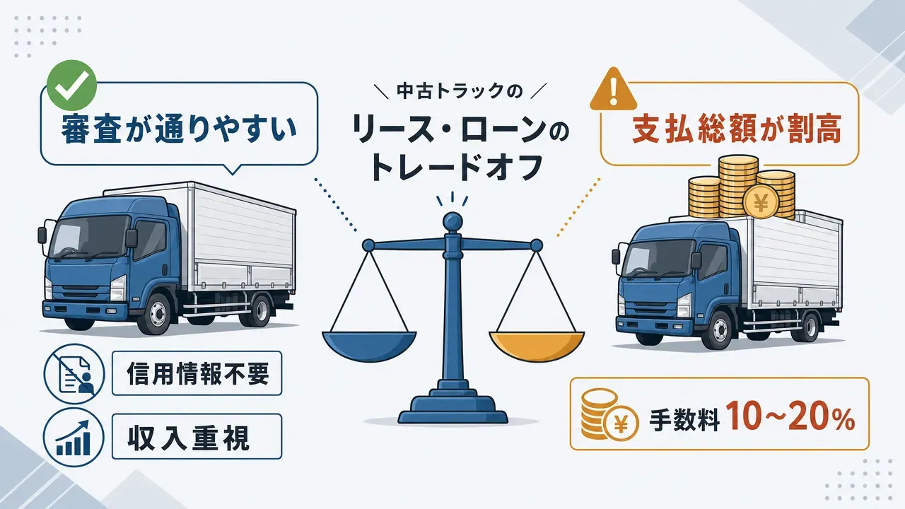 「審査が通りやすい」と「支払総額が割高」のトレードオフを示す概念図。左に審査の容易さ(信用情報不要・収入重視)、右に手数料10〜20%の上乗せを対比