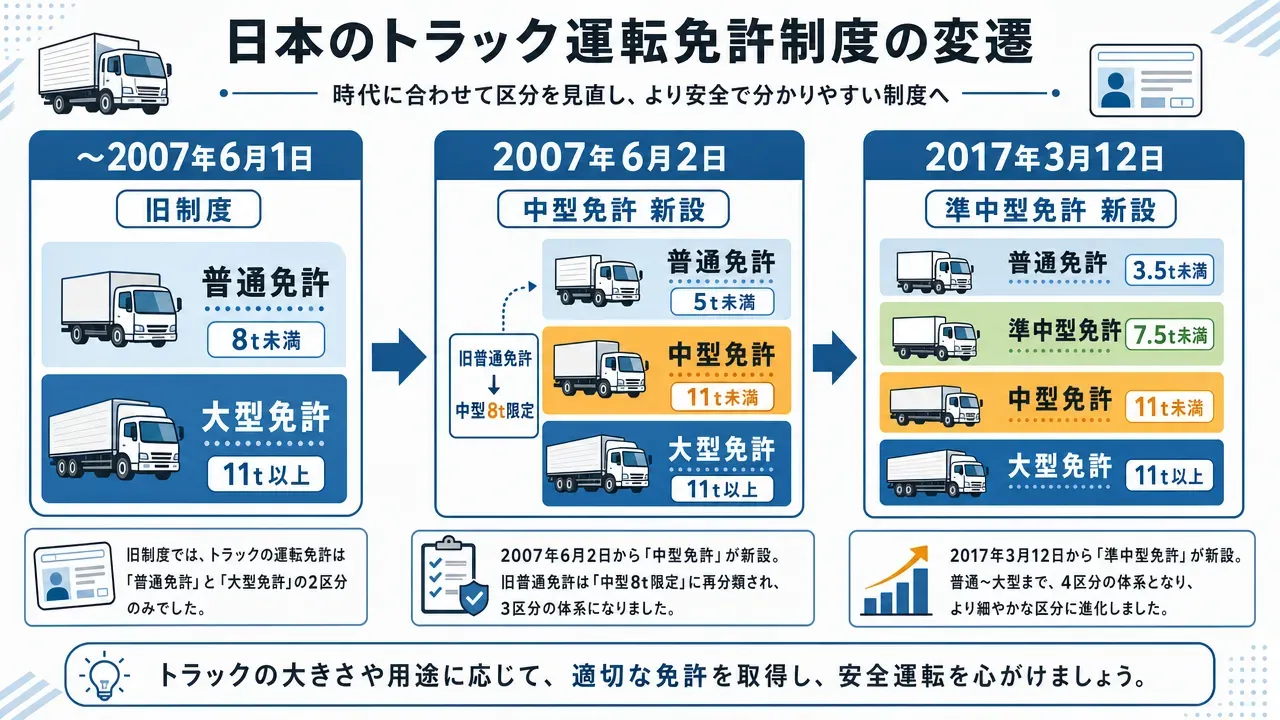 免許区分ごとに運転できるトラックのサイズ比較図。軽トラック(普通免許)から小型トラック(普通免許)、2tトラック(準中型5t限定)、4tトラック(中型8t限定)、大型トラック(大型免許)まで5台のシルエットを横並びで表示し、各車に必要な免許区分を色分けラベルで示す