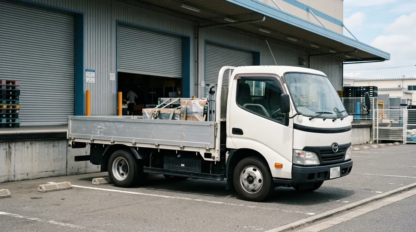 物流倉庫前に停車した中型免許対応の4tトラック(平ボディ)。日常的に使われる実用的な中型トラックの情景