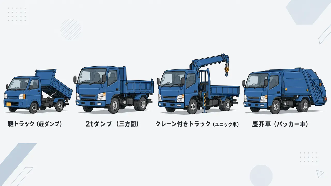 造園業向け主要4車種の横並び比較。左から軽トラック(軽ダンプ)、2tダンプ(三方開)、クレーン付きトラック(ユニック車)、塵芥車(パッカー車)。サイズ差と架装の違いが一目でわかる。