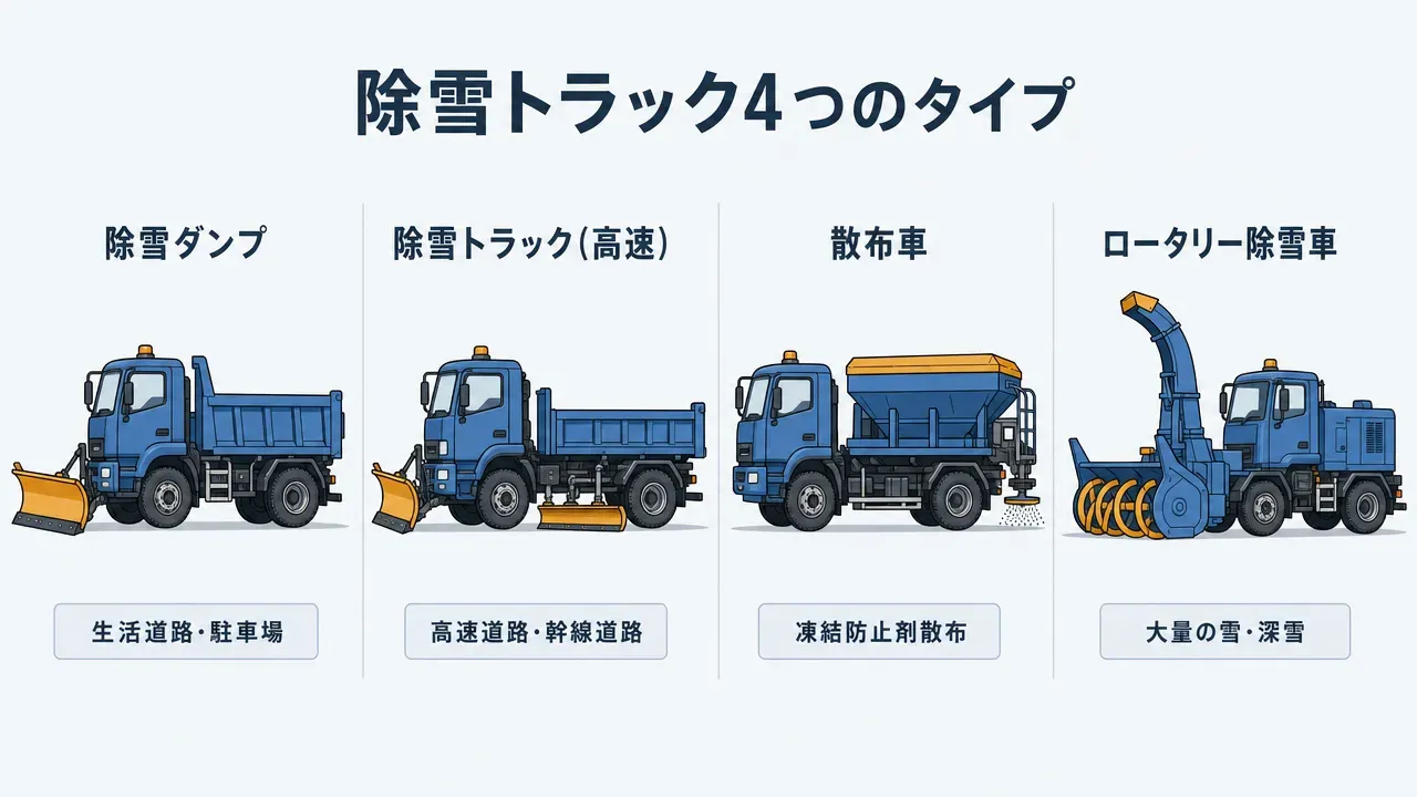 除雪トラックの4タイプを横並びで比較する説明図。左から除雪ダンプ(前面プラウ付き)、除雪トラック高速道路向け(前面プラウ+車体中央グレーダ)、凍結防止剤散布車(後部散布装置付き)、ロータリー除雪車(前方オーガ+シュート)。各車両の外観の違いと主な用途を視覚的に比較できる。