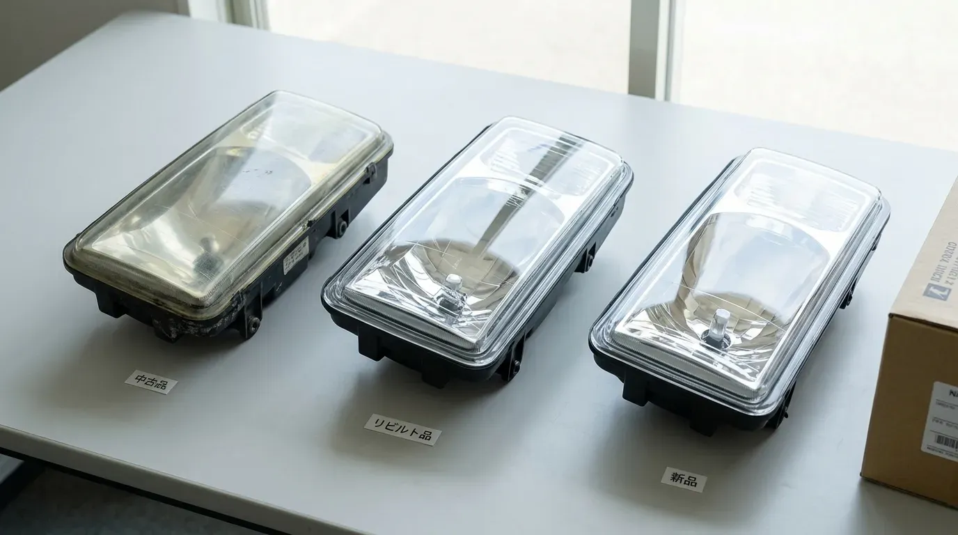 トラック用ヘッドライトの中古品・リビルト品・新品の実物比較。左から中古品(使用感あり)、リビルト品(研磨済み)、新品(箱入り未使用)