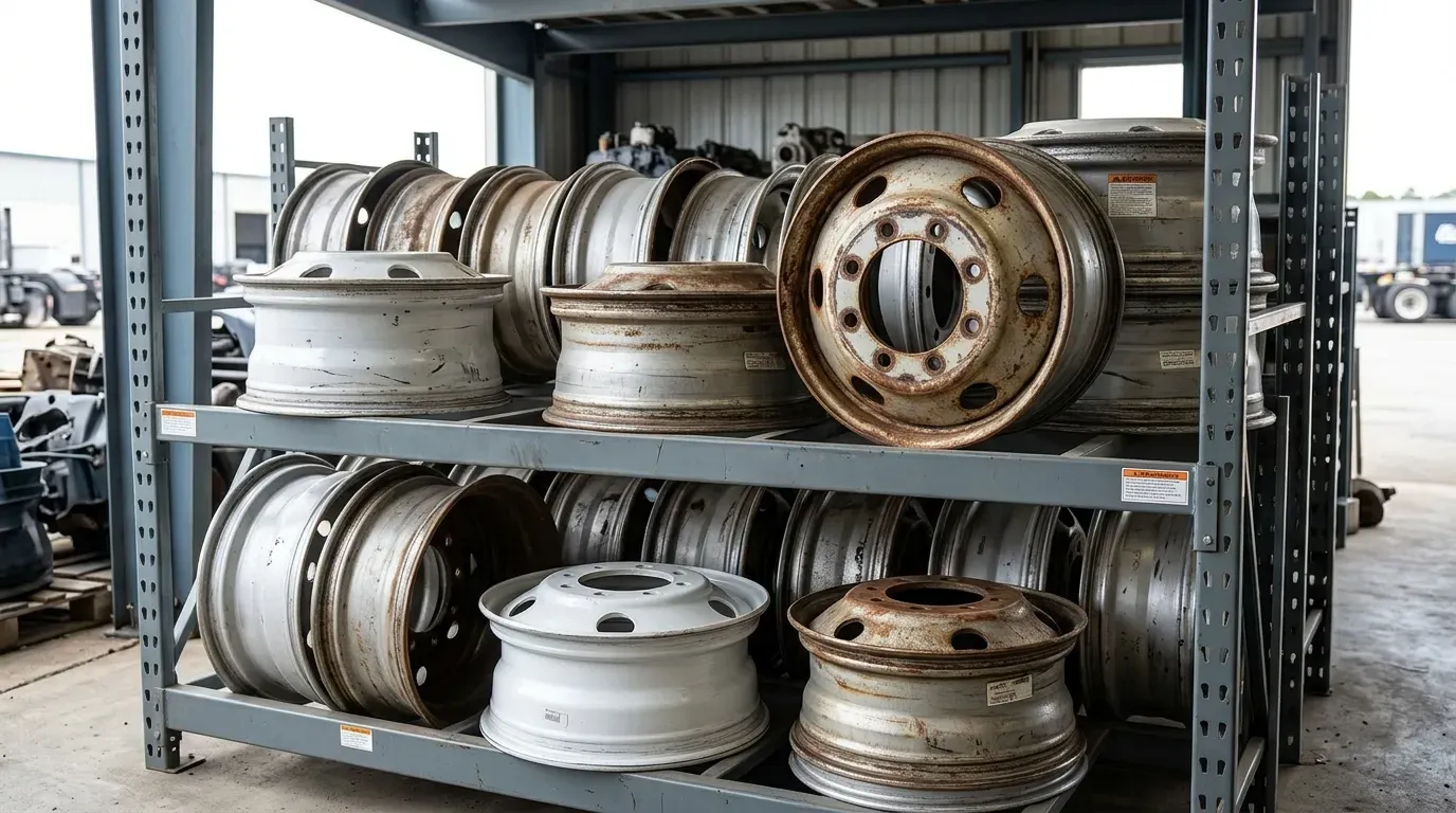 トラックパーツショップに並ぶ中古スチールホイール。状態にばらつきがあり、軽い表面サビのあるものから清浄なものまで、中古市場の実態を伝える情景写真。