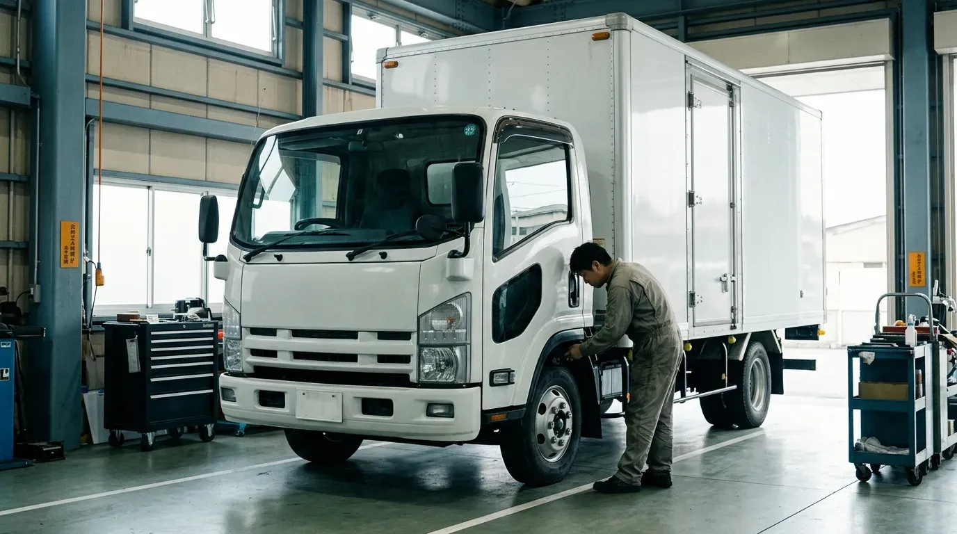清潔な整備工場で中型トラックがリフトに載り、整備士が足回りを点検している実務的な風景