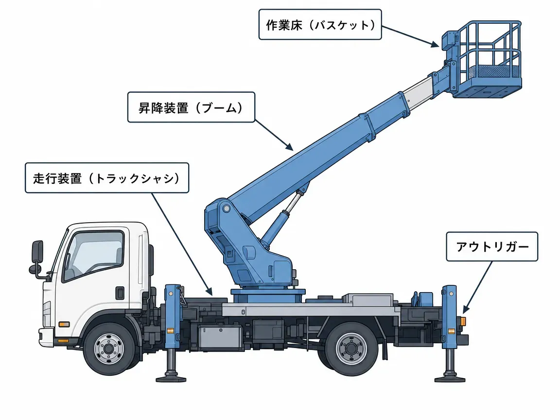 ブーム式高所作業車の3種類の比較図。伸縮ブーム型(直線的リーチ)、屈折ブーム型(障害物を越えて回り込む)、混合ブーム型(伸縮と屈折の両方)の動きの違いを3パネルで図解。