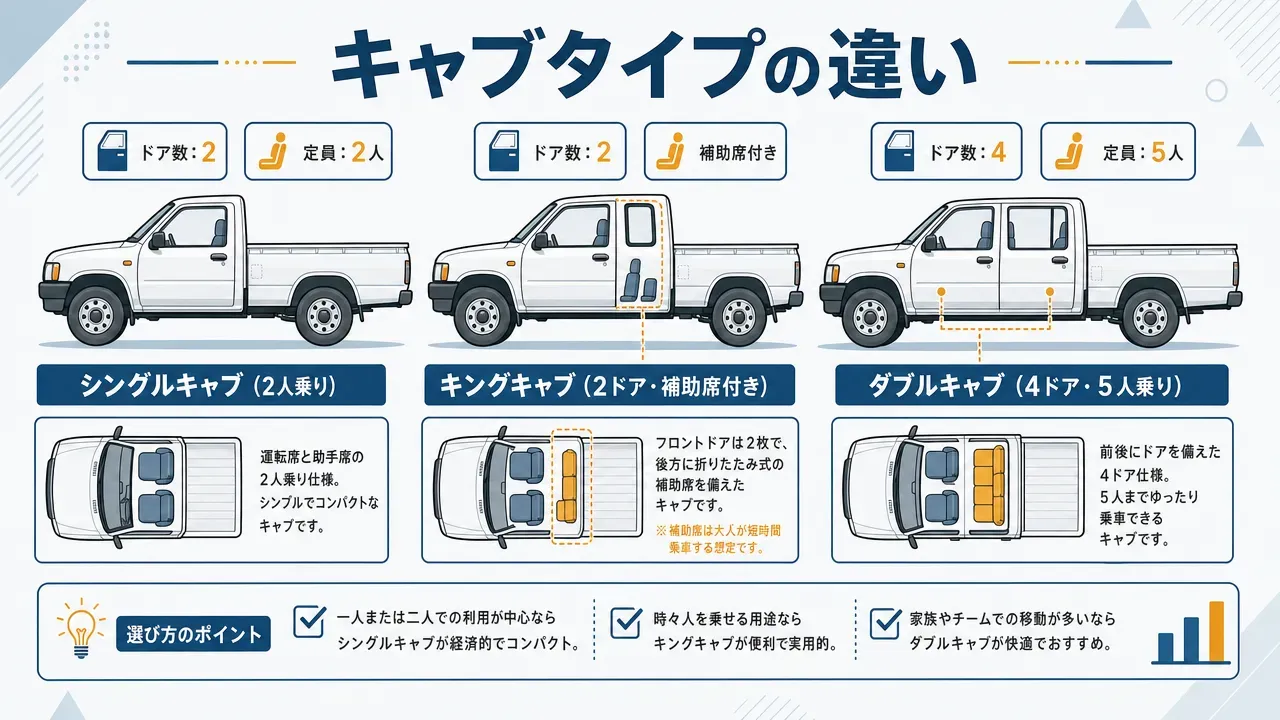 ダットサントラックのキャブタイプ比較。シングルキャブ(2人乗り)、キングキャブ(2ドア・補助席付き)、ダブルキャブ(4ドア・5人乗り)を横並びで図解