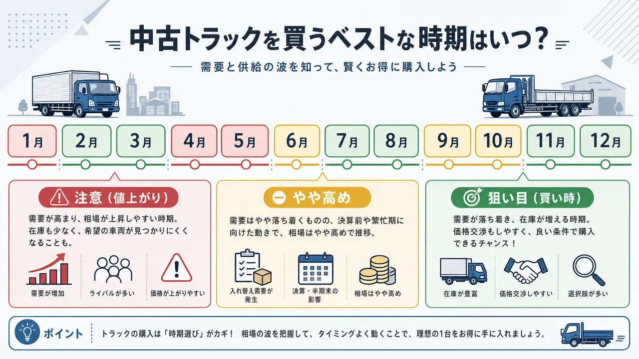 1月から12月までの中古トラック購入タイミングカレンダー。狙い目の時期、やや高めの時期、注意が必要な時期を色分けで表示