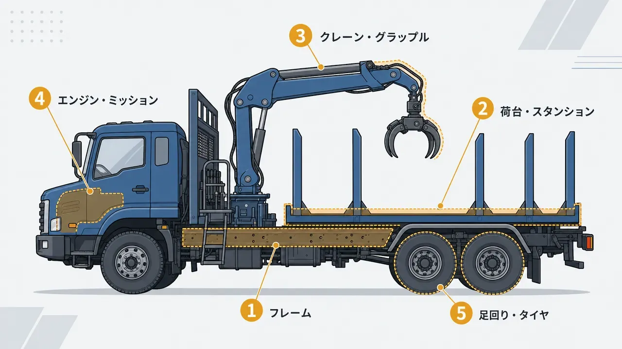 林業で運ぶ3種類の荷物と最適な架装の対応図。左:丸太(原木)にはスタンション付き平ボディ、中央:チップ材・端材にはダンプ、右:製材品には平ボディ