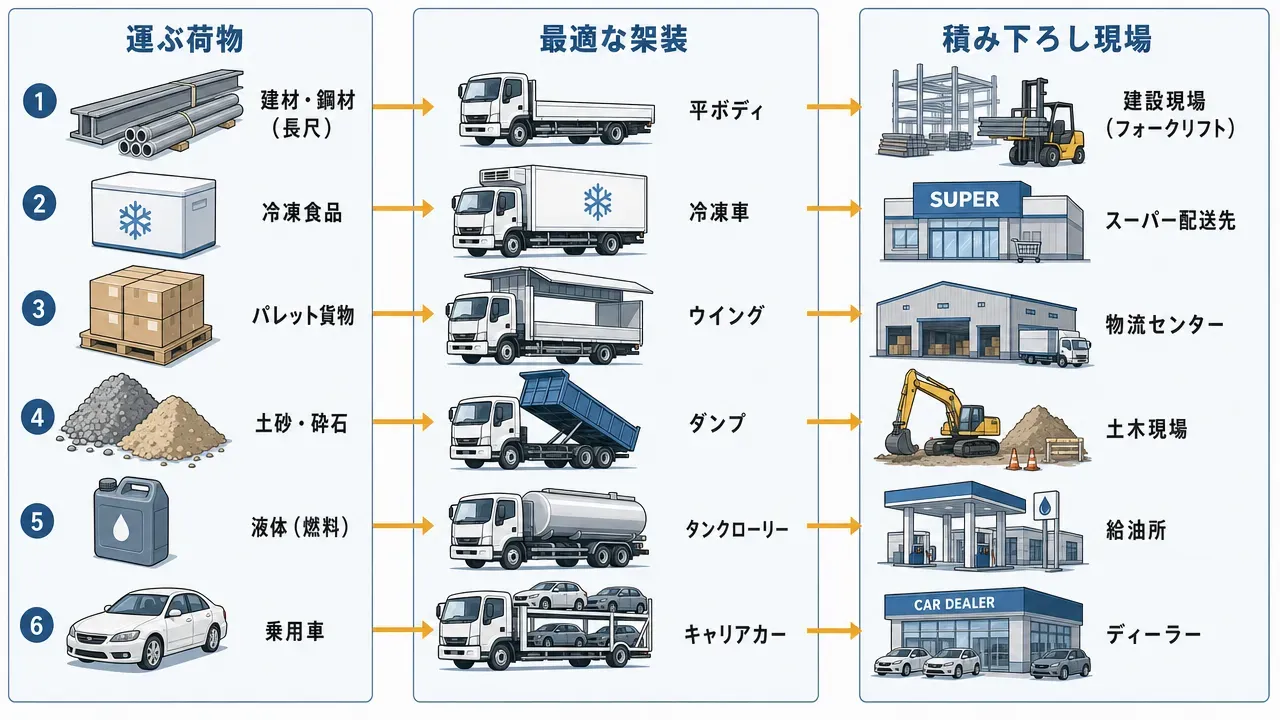 運搬物から架装、そして積み下ろし現場までのフロー図。左に「建材・鋼材」「冷凍食品」「パレット貨物」「土砂」「液体燃料」「乗用車」の荷物アイコン、中央に対応する「平ボディ」「冷凍車」「ウイング」「ダンプ」「タンクローリー」「キャリアカー」の架装アイコン、右に「建設現場」「スーパー配送先」「物流センター」「土木現場」「給油所」などの現場アイコンを矢印でつなぐ。