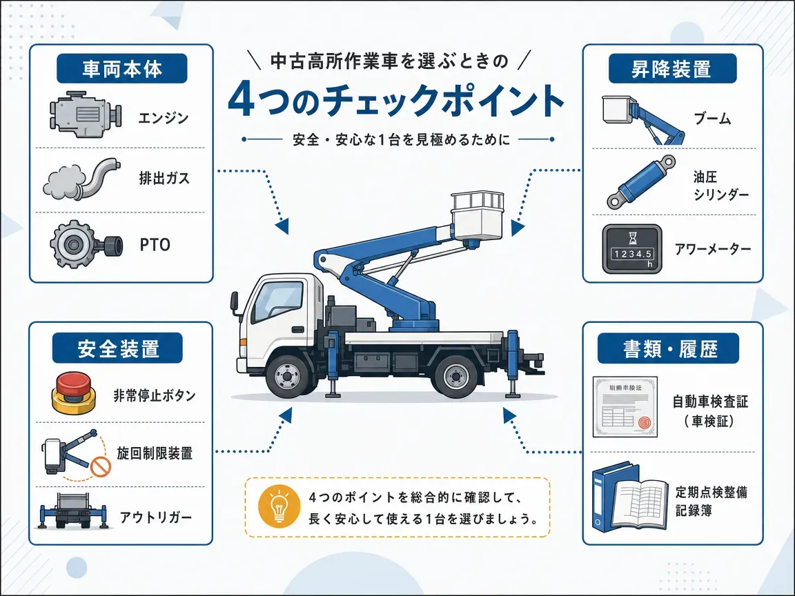 中古高所作業車購入時に確認すべき4つのポイント(車両本体、昇降装置、安全装置、書類履歴)を示す図解