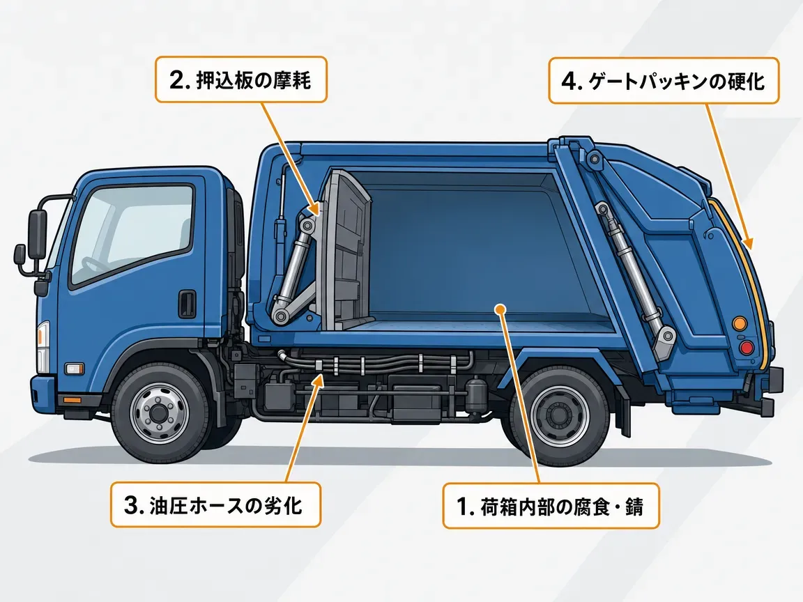 中古塵芥車のチェックポイント模式図。荷箱内部の腐食、押込板の摩耗、油圧ホースの劣化、ゲートパッキンの硬化の4箇所に矢印で注意を示す。