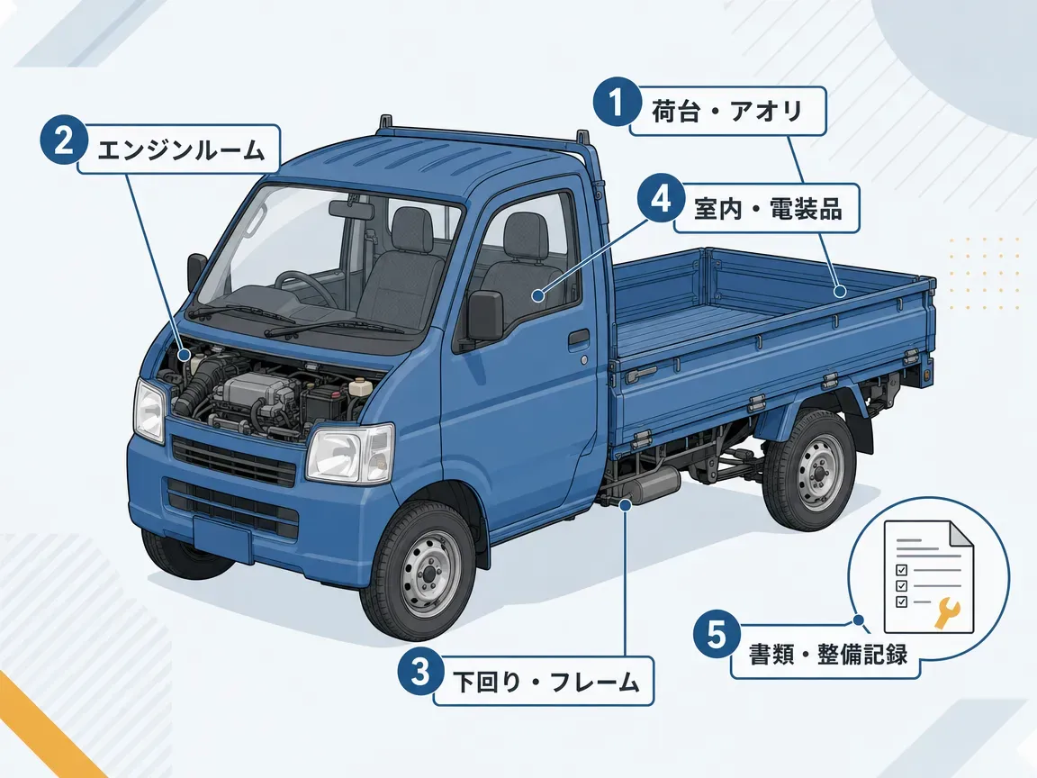 中古ハイゼットトラック購入時のチェックポイント図解。①荷台・アオリ ②エンジンルーム ③下回り・フレーム ④室内・電装品 ⑤書類・整備記録 の5箇所を番号付きで表示