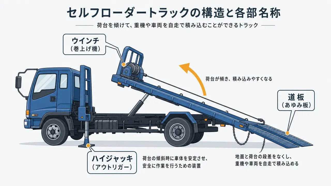 セルフローダーとセーフティローダーの積み降ろし仕組みの違いを示す比較図解